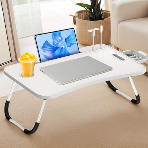 Huracan Plateau de lit, Table de Lit Pliable, Support Ordinateur Portable avec 3 Ports USB/Tiroir/Porte Gobelet/Poignée/Lampe LED, Bureau PC de Lits pour Canapé, Sol (60x40cm, Blanc)
