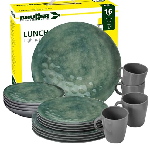 BRUNNER Campinggeschirr Melamin (Set 8 12 16 36 Teilig) Venetian Sea Green | Antislip (Antirutsch), 2-4 Personen, wie Steingut (StoneTouch), Bruchfest, Teller & Schüsseln, Wohnmobil Wohnwagen Boot
