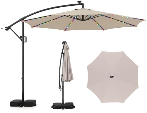COSTWAY Parasol Déporté Professionnel 3x3 m, Parasol de Jardin Extérieur 96 LED Solaire 9 Modes, Protection UV, Manivelle, 2 Sacs de Sable, Inclinable, pour Balcon, Terrasse, Piscine (Beige)