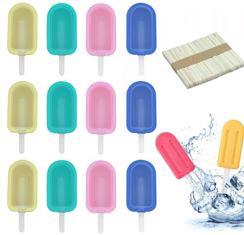 12 Piezas Moldes Helados con Tapa y Varilla, 4 Moldes Silicona Colores Variados, Molde Helado Silicona Reutilizable,Moldes Paleta Multicolor,Moldes Apilable,para fiestas