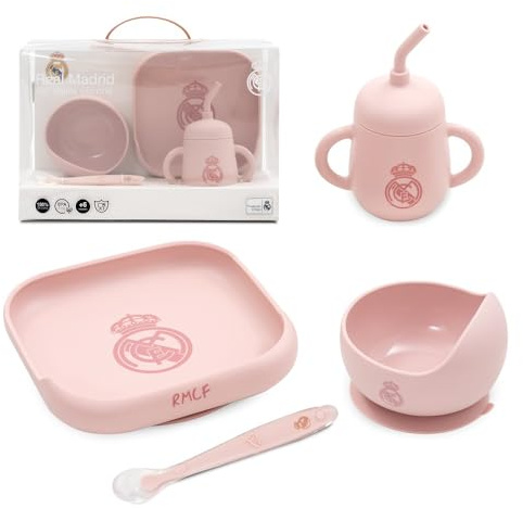 Interbaby - Set de Vajilla Infantil 4 Piezas de Silicona Real Madrid Rosa| Plato, Bol, Cuchara y Taza |Apto para Microondas y Lavavajillas | Libre de BPA