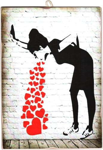 KUSTOM ART Quadro da Parete Stile Vintage Serie Artisti Internazionali Banksy Vomitare Cuori Stampa su Legno 10X15cm
