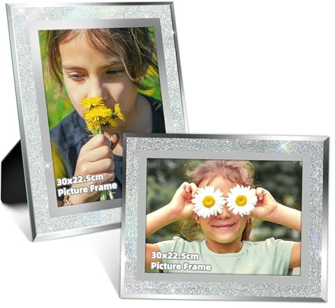 Yopih 8x10 Picture Frame HD Glass with Silver Glitter Edges, Horizontal or Vertical Display, Perfect for Christmas, Mother’s Day, Father’s Day & Thanksgiving Gifts, 2 Pack