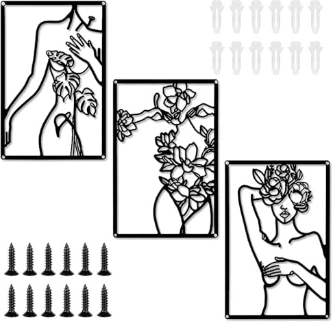 Zyluniy Decoración Mural de Metal, Set de 3 Cuadros con Líneas Femeninas Abstractas, Arte Mural Moderno y Minimalista para Decorar Salón, Dormitorio u Oficina