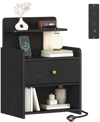 HEXCELEN Nachttisch, Beistelltisch mit 1 Schublade und 2 offenen Fächern, Nachtschrank, Sofatisch, Platzsparend, für Schlafzimmer, Wohnzimmer, Modern, Schwarz