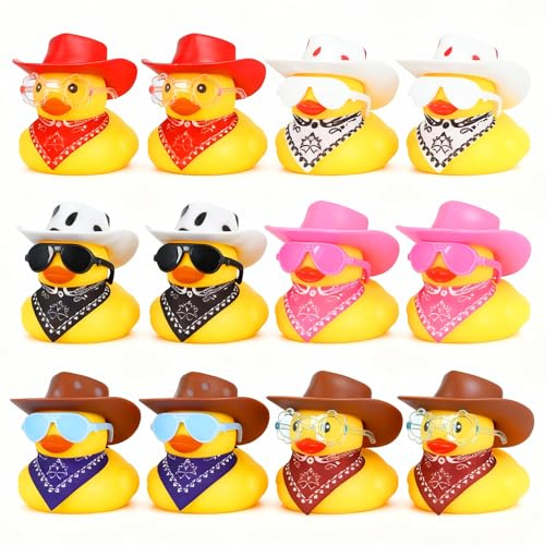 12pcs Cowboy Duck Bath Toys with Mini Hat, Scarf, Sunglasses for Party Decorations, Cake Topper, Pool Fun, Rubber Ducking Gift, Rubber Duck for Kids