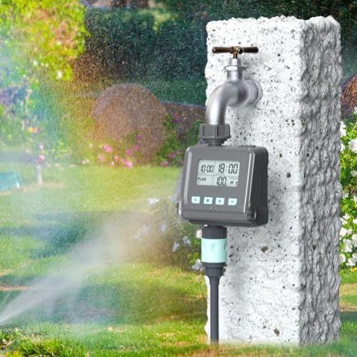 Temporizador de agua inteligente programable con sensor de retardo de lluvia para sistemas de riego de césped y jardín, incluyendo manguera y aspersor