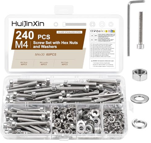 Juego de 240 tornillos M4 x 30 mm, hexágono interior, juego de tuercas de acero inoxidable, tornillos cilíndricos con tuercas, surtido de arandelas, tornillos hexagonales
