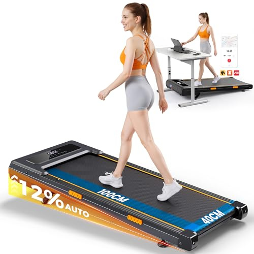 Walking Pad mit APP, Laufband für Zuhause mit 12% Automatische Steigung, Dämpfung Laufbänder Schreibtisch, 2.5PS Motor, 1-6 km/h Walking Pad Steigung für Büro, Fernbedienung und LED Anzeige, Schwarz