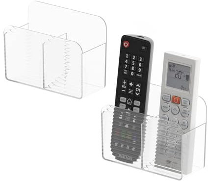 PAVSTINE Soporte Mando Pared sin Taladro con Compartimentos, 2 Piezas | Soporte Mando Autoadherentes,Organizador Mandos Multifuncional para Mandos a Distancia y Reproductor Multimedia,Transparente
