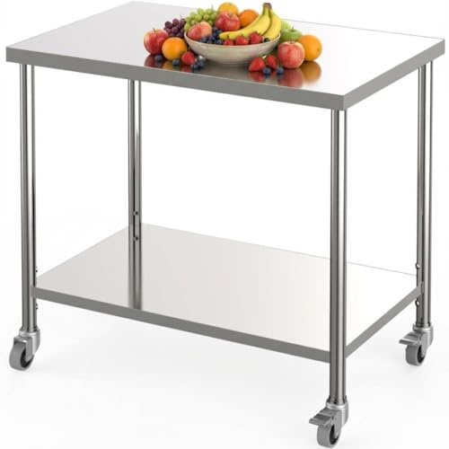 Garvee Arbeitstisch Edelstahl 92 x 61 x 89 cm, Küchentisch Zubereitungstisch, 130 Kg Tragkraft, Mit 4 Rädern, 3 Einstellbaren Höhenstufen, Edelstahltisch Für Gewerbliche Restaurants Outdoor Küche