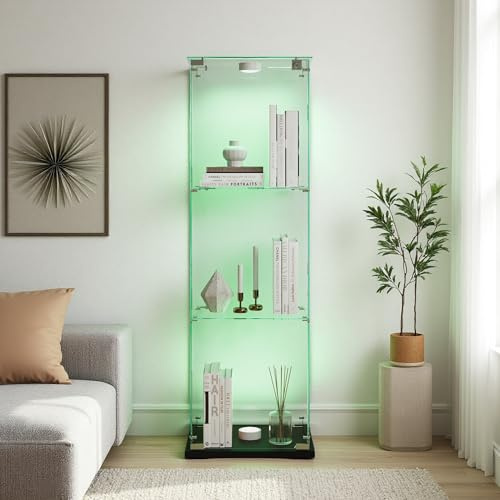 Hoscullo glasvitrinskåp stående med LED, vitrinskåp stående med 3 hyllor och 1 dörr, samlarvitrin för vardagsrum sovrum kontor, svart bottenplatta