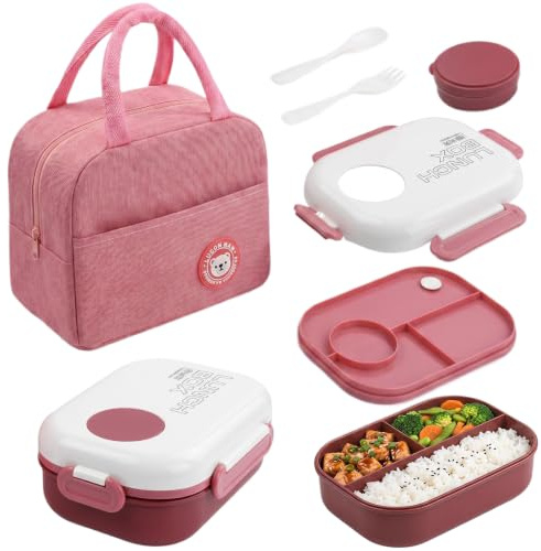 Nivofu Fiambreras Comida Trabajo, Bento Box con Compartimentos y Bolsa Termica Porta Alimentos, Lunch Box Hermética sin BPA, Fiambrera Termica con Cubiertos para Adultos y Niños, Apta para Microondas