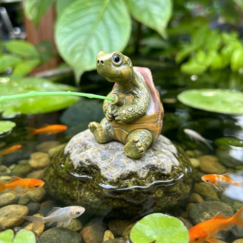 EVBOTGEE Mini Tortue Deko Jardin, Statue Tortue pour Petit Bassin, Ornement Extérieur Résistant aux Intempéries pour Bassin Balcon Terrasse (Tortue Pêche)