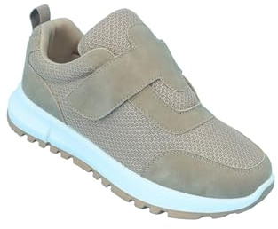 Chums Ladies Wide E Fit Front Fasten Trainers with Lightweight Mesh, Easy On & Adjustable Touch Fasten Walking Shoes for Women Beige