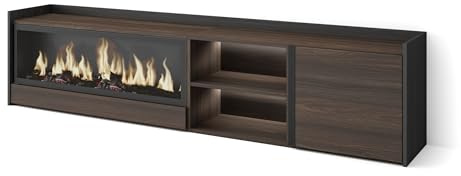 Skraut Home | Mueble TV | Muebles de salón, almacenaje | 212x50x35 cm | para televisión hasta 80 | Chimenea eléctrica XXL | LED | Estilo Moderno | Roble Oscuro y Negro