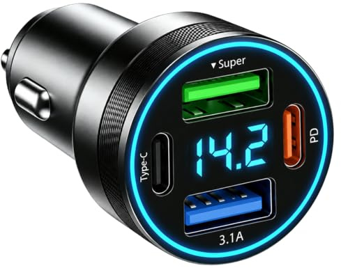 12V 66W Cargador Coche USB C 4 Puertos 2 USB-C&2 USB-A PD QC Carga Rápida | Cargador Mechero USB Carga Rapida con Voltímetro LED,para iPhone Samsung iPad Tablets Cámaras Digitales Relojes inteligentes