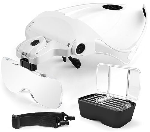 AUTOPkio Lupenbrille mit Licht LED Kopfbandlupe, verstellbare Hände Freie Headset Lupe mit 2 LED Licht Leichte Stirnband Lupe Gläser für Reparieren, 5 Linsen 1.0X, 1.5X, 2.0X, 2.5X, 3.5X