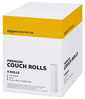 AmazonCommercial Rouleaux Draps d'Examen Rectangulaire, Table de Massage, 2 Epaisseurs Premium, 9 Rouleaux (1 paquet), 50 Mètres / 143 Feuilles per Rouleau, Taille des Feuilles: 34 cm x 49,2 cm, Blanc