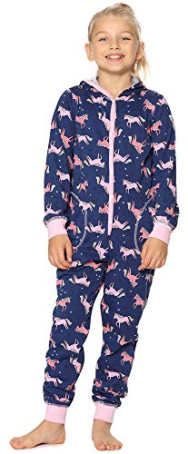 Merry Style Mädchen Schlafstrampler Strampelanzug mit Kapuze MS10-223 (Marineblau Einhorn, 134-140)