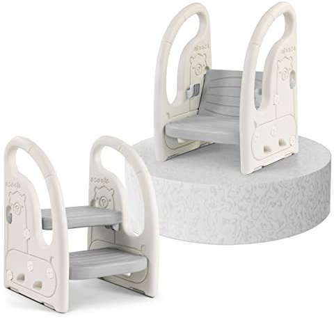 Onasti Sgabello a due gradini per bambini, Scaletta gradini, Sedile per Addestramento per WC, Multifunzione, Regolabile in Altezza, Con braccioli, Antiscivolo - Da 1.5 a 5 Anni circa (Grigio)