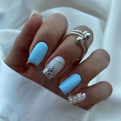 TMUT 24pcs Square False Nails Short Stick on Nails Blue White Press on Nail with Silver Sequins Removable Glue-on Acrylic Full Cover Fake Nail Art Accessories for Women Girls