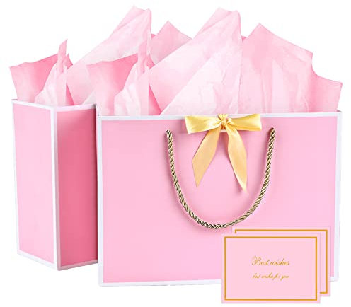 BBLIKE Geschenktüten 2 Stück Papiertüten mit Schleifenbändern + 2 Grußkarten + 4 Taschentüchern, Geschenktaschen mit Henkel Partytüten Bodenbeutel Kreuzbodenbeutel für Geburtstag Hochzeit Feier Party