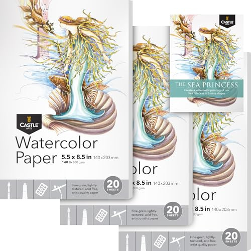Castle Art Supplies Blocco da disegno per acquerelli, 12,7 x 20,3 cm, confezione da 3, 20 fogli ciascuno, robusta e resistente (300 g/m²/130 libbre) per tutte le tecniche, texture di qualità (5 x 8,