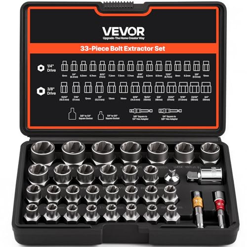 VEVOR Boltutdragare set, 29-delat bult- och muttrborttagarset, 6 mm till 10 mm, 13/32 tum till 3/4 tum, utdragbar hylsnyckelsats av CR-MO-stål med förvaringsväska, mutter för borttagning