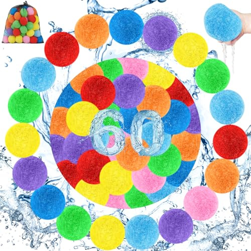 Reusable Water Balloons – 60 Pack Colorful Splash Balls for Boys Girls & Adults, Quick Fill Summer Water Toys for Outdoor Games & Pool Fun (8 Bright Colors, with Mesh Bag)