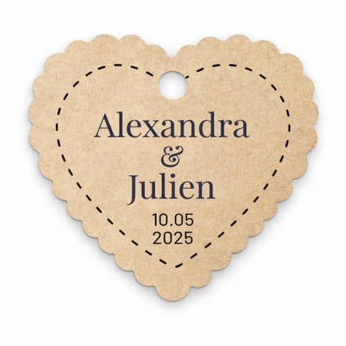 Lot d'étiquettes personnalisées coeur, mariage, communion, prénoms des mariés et date, papier kraft pointillés, typographie au choix, étiquettes perforées à attacher, cadeaux invités, 3,5cm