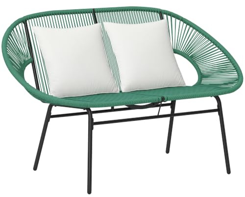 Outsunny Banquette Banc de Jardin 2 Places Acier 132x72x83cm Vert Foncé | Cordage en Résine, 2 Coussins, Extérieur