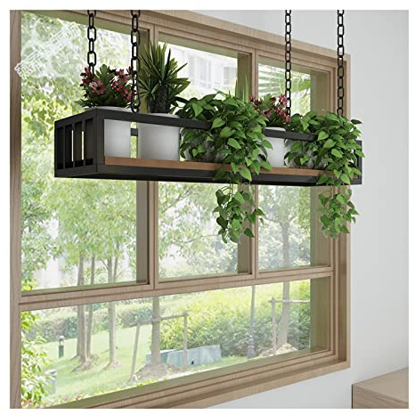 Support de Plantes Suspendu créatif avec Planche en Bois If et Fer - Support de Pots de Fleurs Moderne pour Balcon, Bar ou Magasin de Fleurs