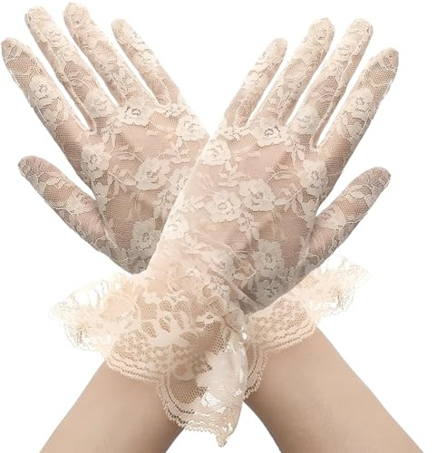 UEIOAVL Guantes y manoplas para mujer, 1 par de guantes de encaje para mujer cortos formales de malla para novia para bodas óperas fiestas verano Halloween con protección UV (beige)