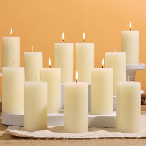 12 Unscented Ivory Pillar Candles - 2x4in Table Candles, Long Burning up to 30 Hours, Premium Paraffin with Cotton Wick for Church, Home, Wedding, Party Decoration