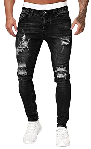 Slim Fit Jeans Herr Ripped: Jeansbyxor Andningsbara Stretchiga Jeansbyxor Slitna Jeansbyxor College Stretchjeans Streetwear Fritidsbyxor Enfärgade Outdoorbyxor Klassiska Casual Slipsbyxor, Svart10, M