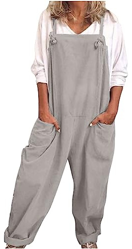 Women's Linen Jumpsuit Summer Linen Spaghetti Straps Sleeveless Playsuits with Pockets Ladies Solid Plus Size Overalls Casual Loose Dungarees Holiday Going Out Romper Office Work Daily Outfits S-5XL