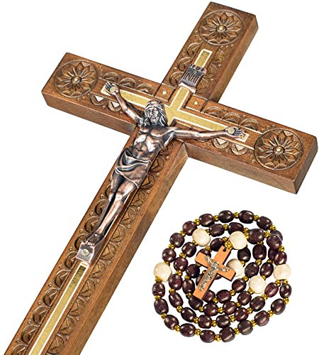 Hand Carved Crucifix Wall Cross for Home Decor - Wooden Catholic Wall Crucifix - 12 Inch