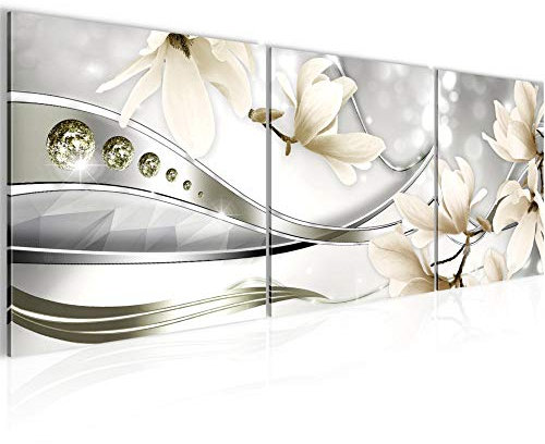 Runa Art - Bilder Blumen Magnolie 120 x 40 cm 3 Teilig Wandbild auf Vlies Leinwand Biege Grau Mehrteilig Modern 207233c