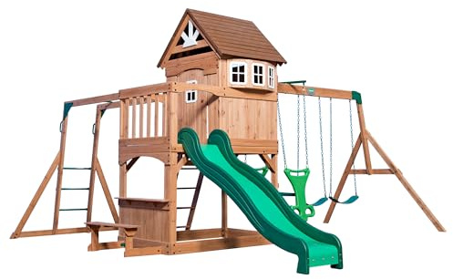 Backyard Discovery Montpelier Spielturm aus Holz | Stelzenhaus für Kinder mit Rutsche, Schaukel, Kletterwand, Picknicktisch | XXL Spielhaus/Kletterturm für den Garten
