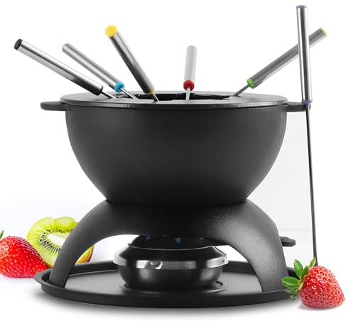 Artestia Cast Iron Cheese Fondue Pot Set, 5-Cup Cheese & Chocolate Fondue Pot with Adjustable Burner and 6 Color-Coded Forks, Fondue Set for 4-6 People, Black