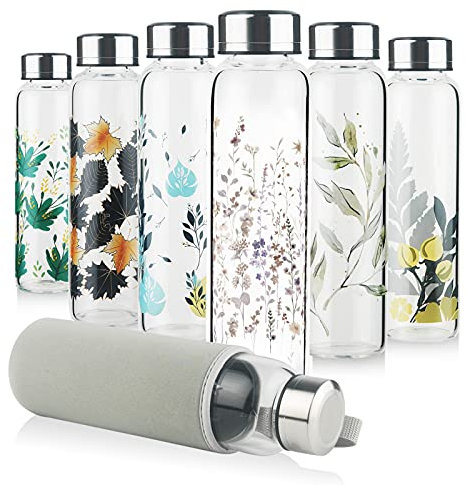 Reeho Sport Bottiglia di Acqua in Vetro 500ml/ 1000ml/ 1 Litro, Borraccia in Vetro Borosilicato con Custodia in Neoprene e Tappo in Acciaio Inossidabile