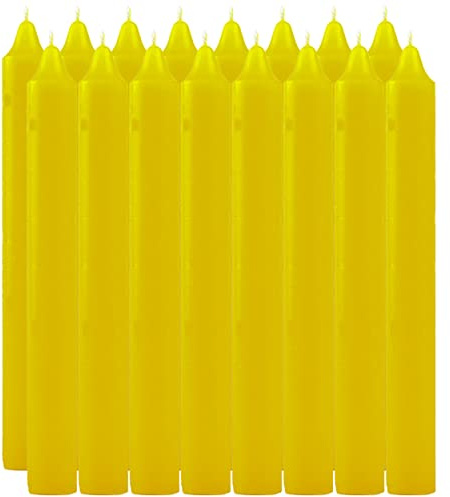 Pack de 16 Velas Cilíndricas de Parafina Pura y Mecha de Algodón, 17.5 cm - Larga Duración, Sin Perfume, Ideal para Decoración, Rituales y Eventos - Amarillo