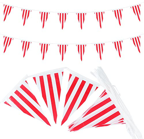 G2PLUS Karneval Zirkus Wimpelkette, 10m Zirkus PE Wimpel Girlande, Karneval Geburtstag Banner Bunnting Rot und Weiß gestreift für Zirkus Karnevals dekoration Weihnachtsdekoration oder Partydekoration