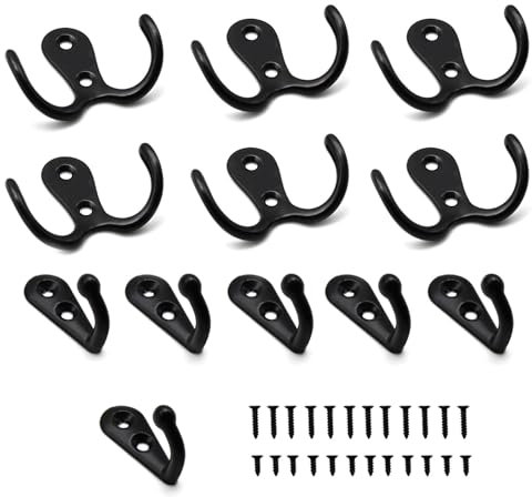 WJUAN 12 Stück Haken Schwarz, 6 Eins Kleiderhaken und 6 Doppelhaken mit 24 Schrauben, Zinklegierung Haken Schwarz zum Schrauben, für Badezimmer Küche Büro