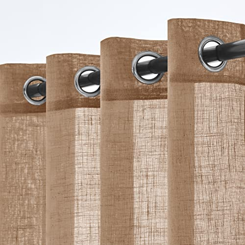 Woaboy Leinen Gardinen Vorhänge Halbtransparente Ösen Set 140x225cm Braun | 2er Set Leinenoptik und halbtransparentes Gewebe für Wohnzimmer und Schlafzimmer, moderne Stores mit weichem Licht.