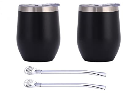 CanHighGer Tasse maté Double Set (12 oz/340 ml) - Ensemble pour Yerba Mate En Acier Inoxydable- Inc. 2 Tasse Mate(Mate Gourde), 2 Bombilla Maté et Brosse de Nettoyage - idéal pour partager (Noir)