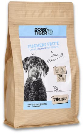 Dogs'n Tiger Fischers Fritz Trockenfutter Hund Adult, Lachs & Hering, 2kg | Hundefutter, 70% Fleisch, mit Gemüse, getreidefrei, ohne Zucker, ohne Konservierungsstoffe, Omega-Öle