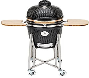 FLAME ROCK Keramikgrill Kamado Grill 24 B Pro - Holzkohlegrill mit Bambusablage, Deckelthermometer, starke Hitze-Isolierung, Fiberglas-Dichtung, schwarz, 24