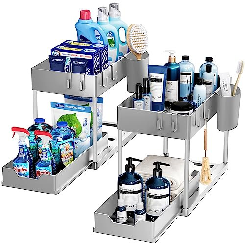 Puricon 2 Set Unter Waschbecken Regal, 2 Etagen Standregal Küche Arbeitsplatte Regal Organizer, Mehrfunktional Küchenregal Gewürzregal Unterschrankregal Spülschrankregal -Grau